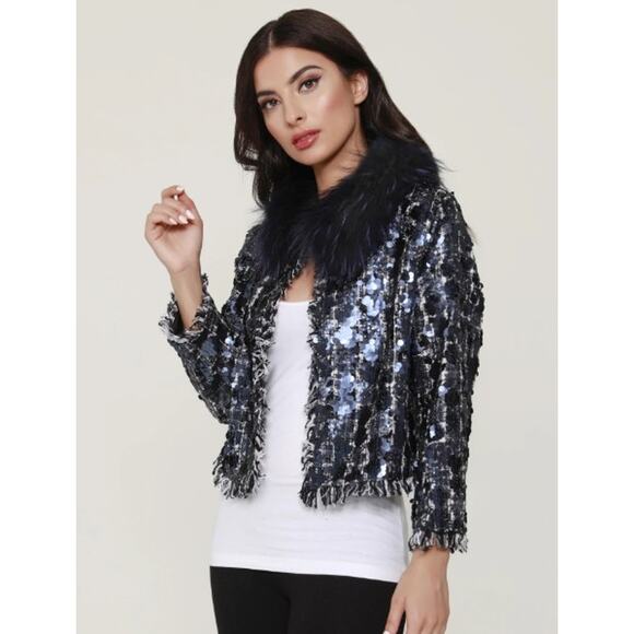 NWT Dolce Cabo Blue Raccoon Fur Removable Collar Sequin Tweed Jacket Womens XL - Picture 1 of 9